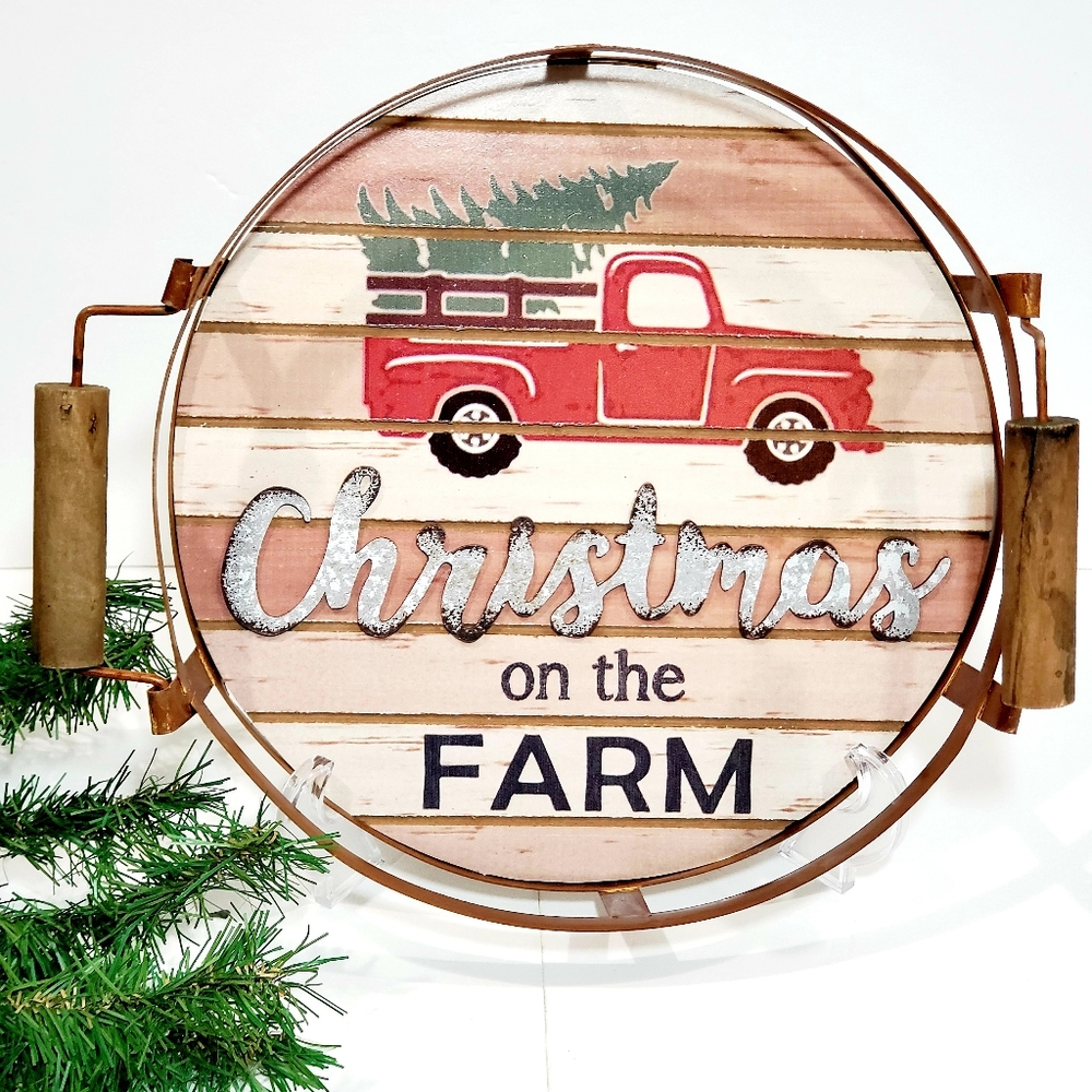 Holiday Time "Christmas On The Farm"  Round Rustic Wall Art Table Holiday Decor